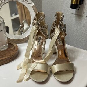 Badgley Mischka Satin Cream Heels with Embellishments